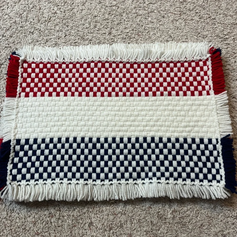 Homemade Crocheted Red White Blue Checkered Set Of 4 Dinner Placemats 19” X 13”